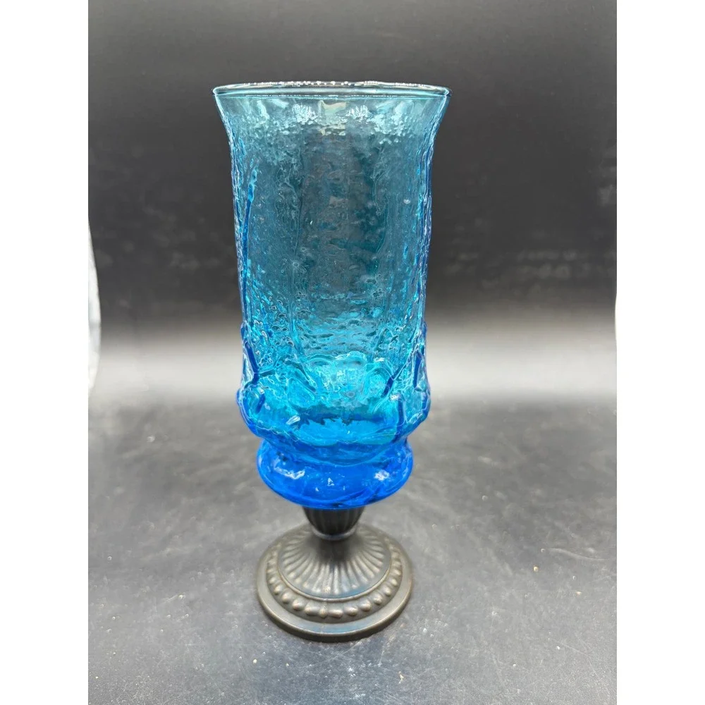 Vintage Blue Bark Textured Glass Hurricane Sconce Bronze Pedestal Base 8.25 Inch